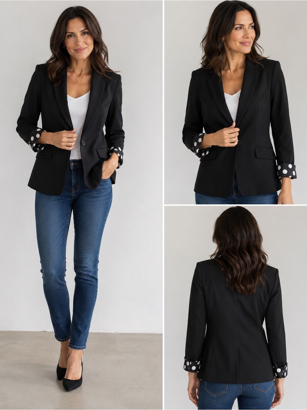 Chico's Black Blazer with Polka-Dot Cuff Detail